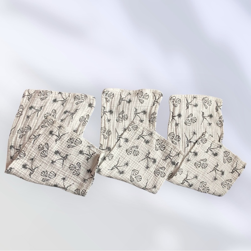 Handmade Beach Seashell Print Muslin Repurposed Burp Cloth Set of 3